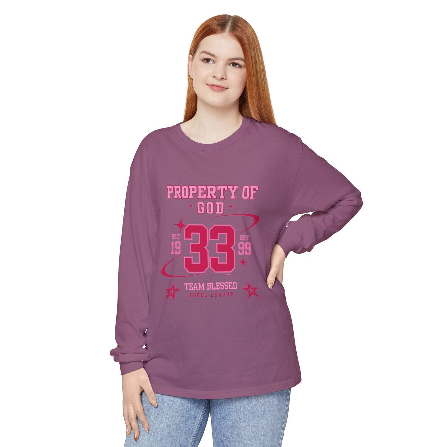 property of god varsity pink - long sleeve
