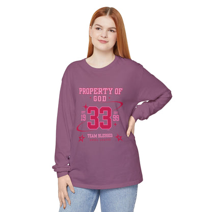 property of god varsity pink - long sleeve