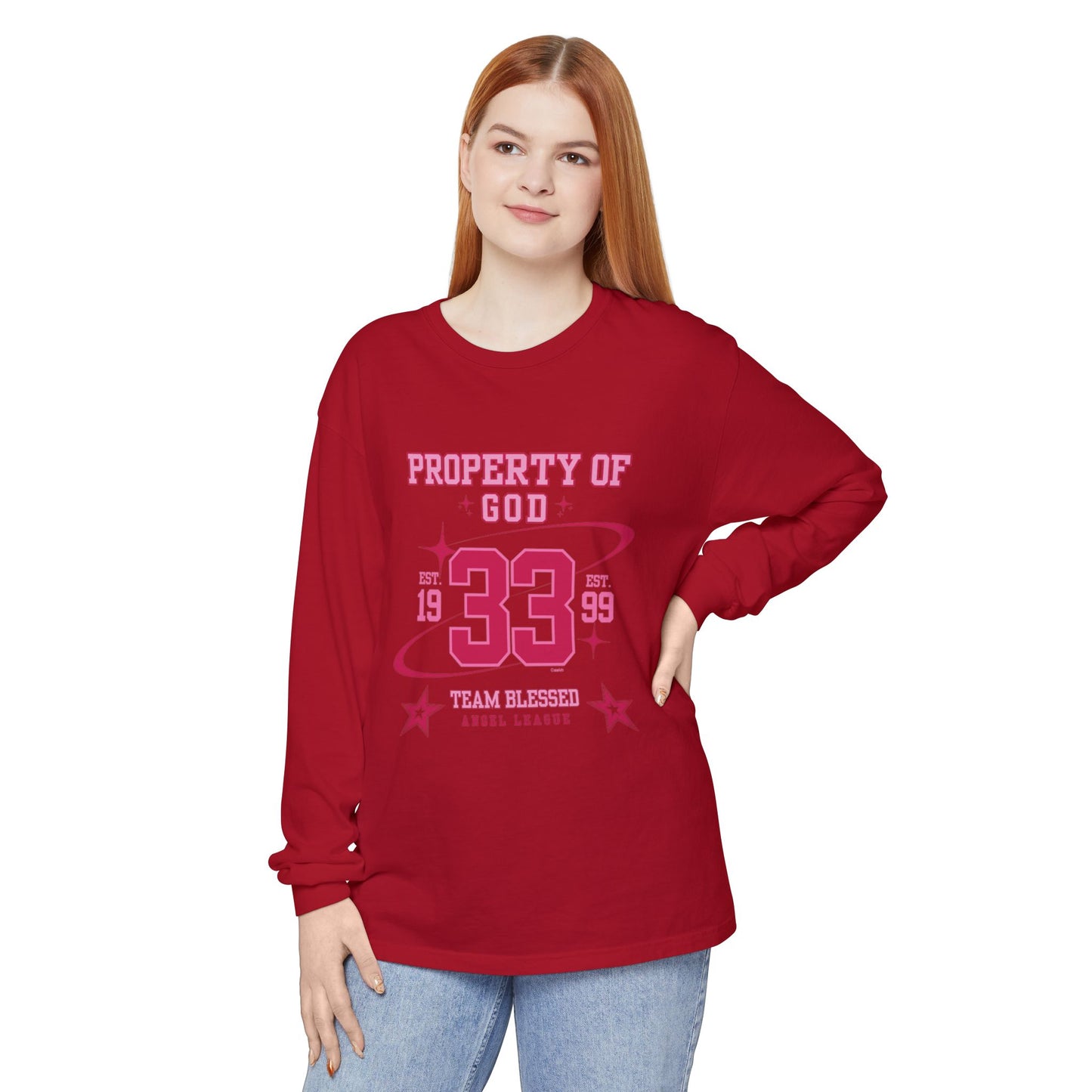 property of god varsity pink - long sleeve